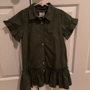 Girls J Crew Cotton Poplin Ruffle Dress - Olive Green - Size 8